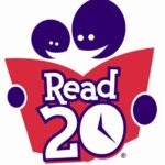 Read20 Logo - two purple cartoon people gazing at an open red book.