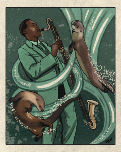 A man in a green suit plays the bass clarinet as otters swim and play around him