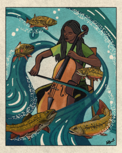 An illustration of a woman in a green shirt plays the cello as trout swim around her.