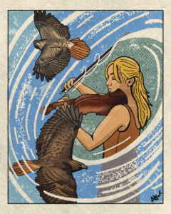 An illustration of a woman in a brown shirt playing violin as eagles soar around her.