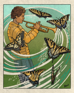 An illustration of a man in a yellow puffy jacket playing the trumpet as yellow butterflies float around him.